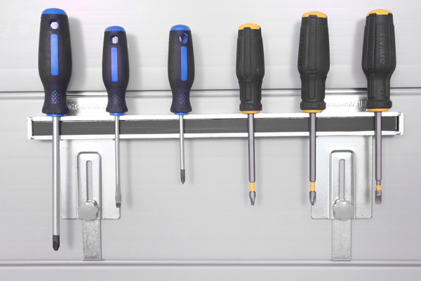 16" Magnetic Tool Bar. TOOLBAR16. Save counter and drawer space with this versatile tool bar. The solid, flat steel frame and strong magnetic force latches on and holds anything that is magnetic. Your screw drivers, pliers, scissors, ratchets and knives will be reachable at all times.